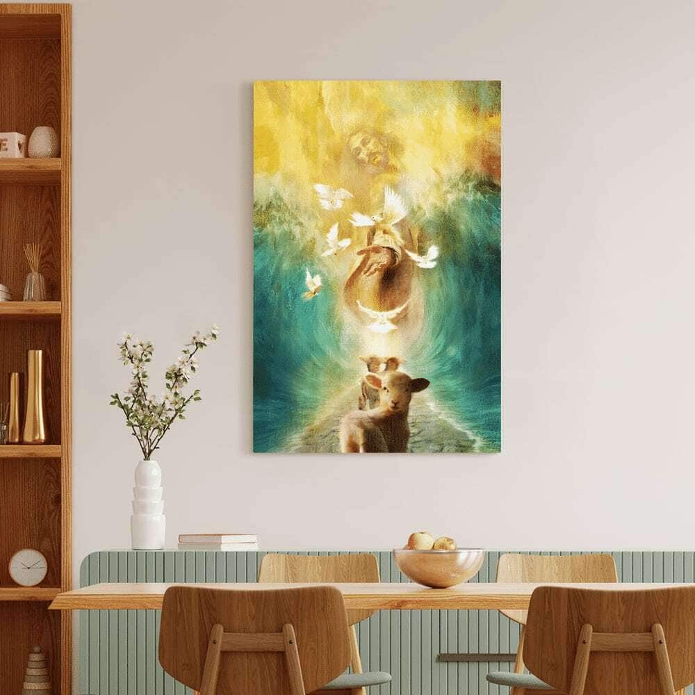 Christian Jesus The Lamp And The Dove Walking Through The Water Canvas Print