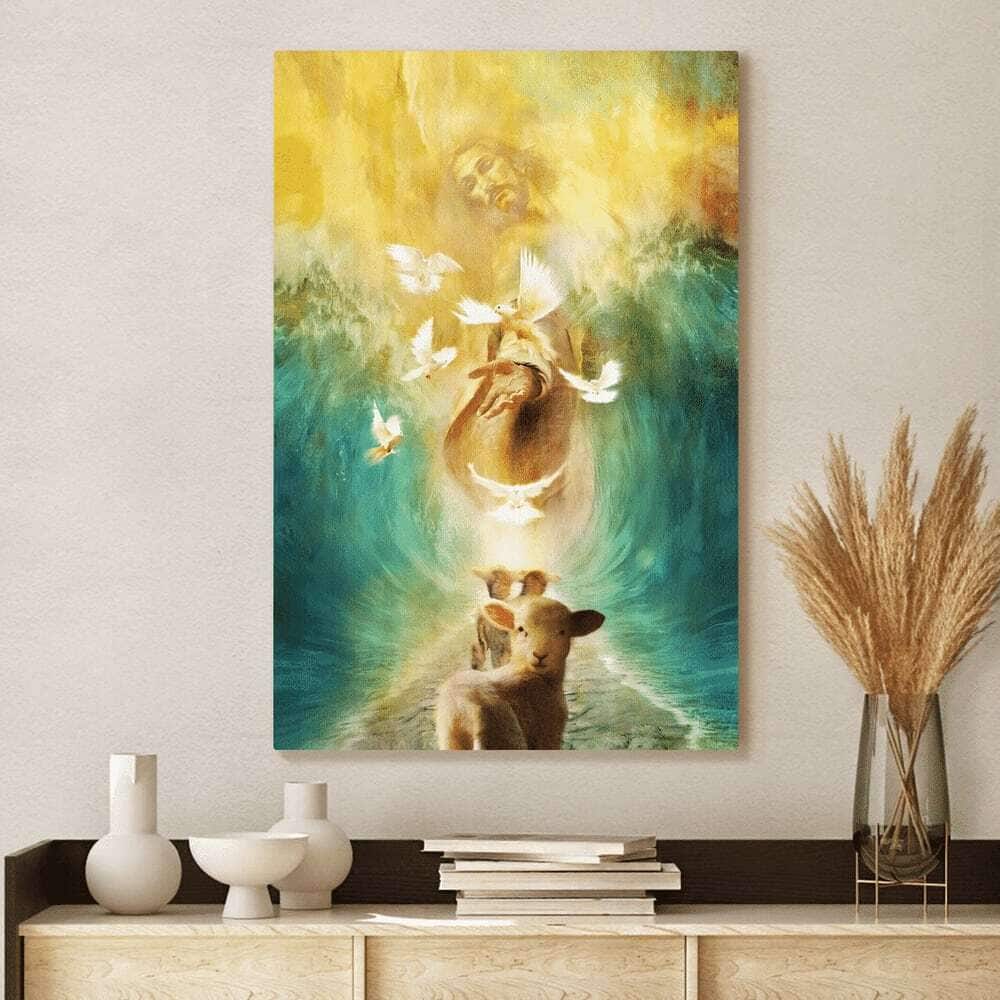 Christian Jesus The Lamp And The Dove Walking Through The Water Canvas Print