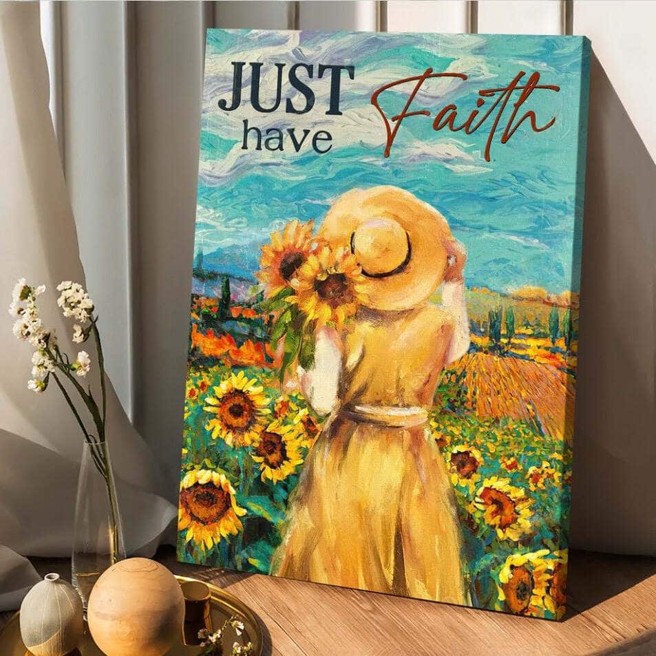 Girl Sunflower Garden Blue Sky Just Have Faith Canvas Print Girl Sunflower Garden Blue Sky Just Have Faith Canvas Print