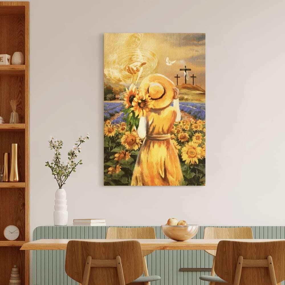 Christian Beautiful Girl Sunflower Field Jesus Hand Cross Canvas Print