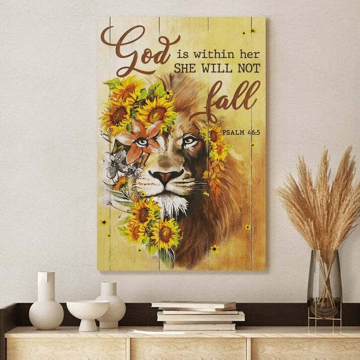 Lion With Sunflower God Is Within Her She Will Not Fall Canvas Print