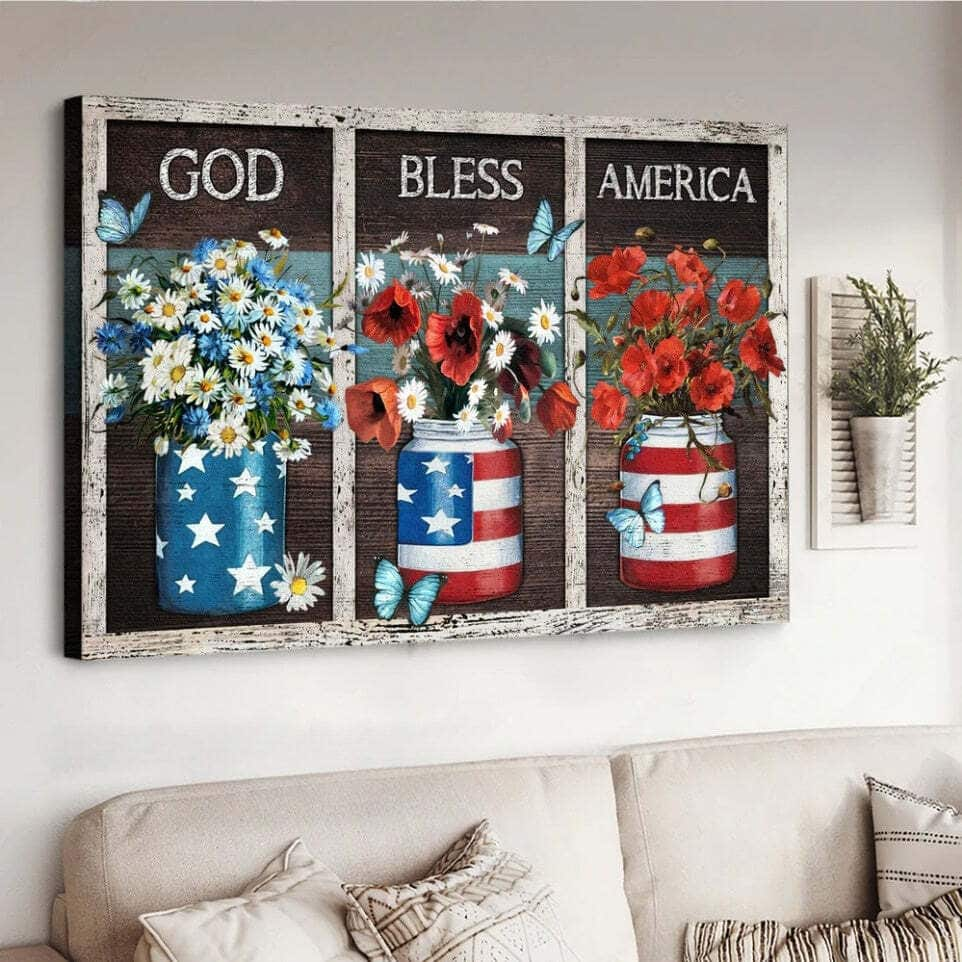 Christian Canvas Wall Art Flower Vases God Bless America