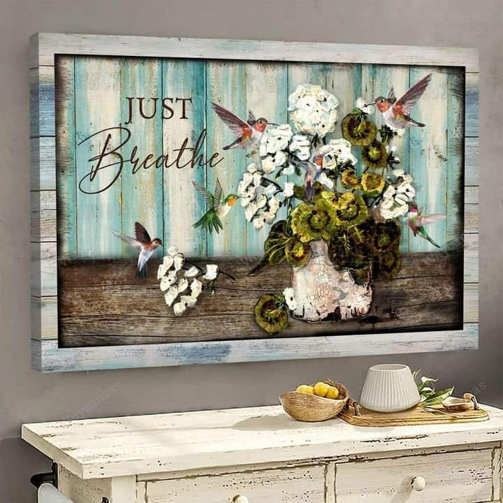 Hummingbird Flower Vase Jesus Just Breathe Canvas Wall Art