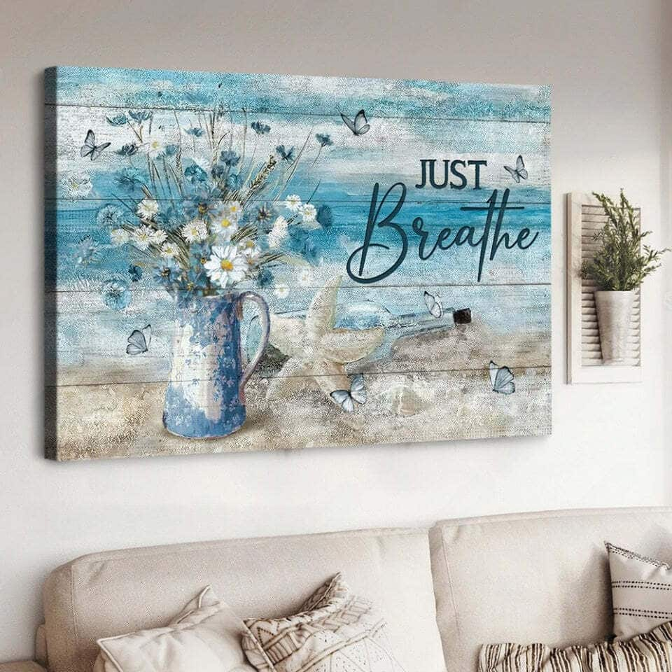 Christian Just Breathe Canvas Wall Art Daisy Vase Beach Starfish