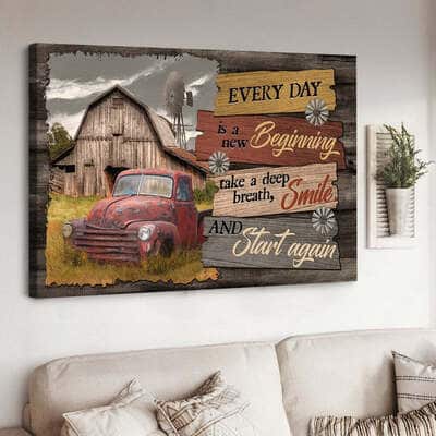 Old Car Wooden Barn Windmill Every Day Is A New Beginning Canvas Wall Art Old Car Wooden Barn Windmill Every Day Is A New Beginning Canvas Wall Art