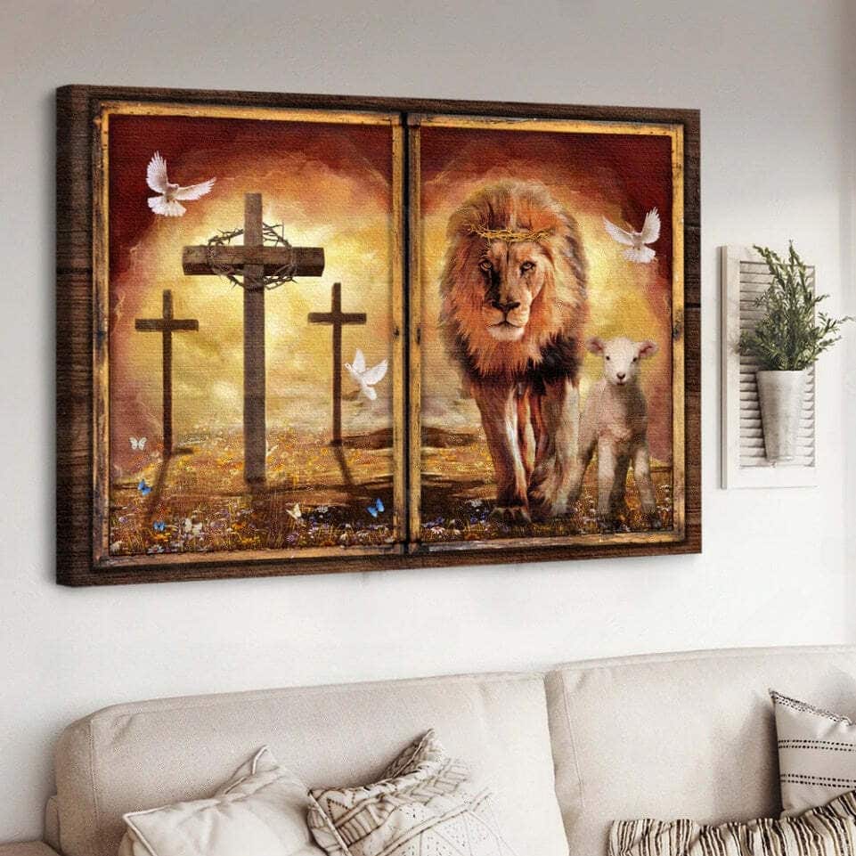 Christian Canvas Wall Art Lion And Lamb Orange Sunset Cross Christian Canvas Wall Art Lion And Lamb Orange Sunset Cross