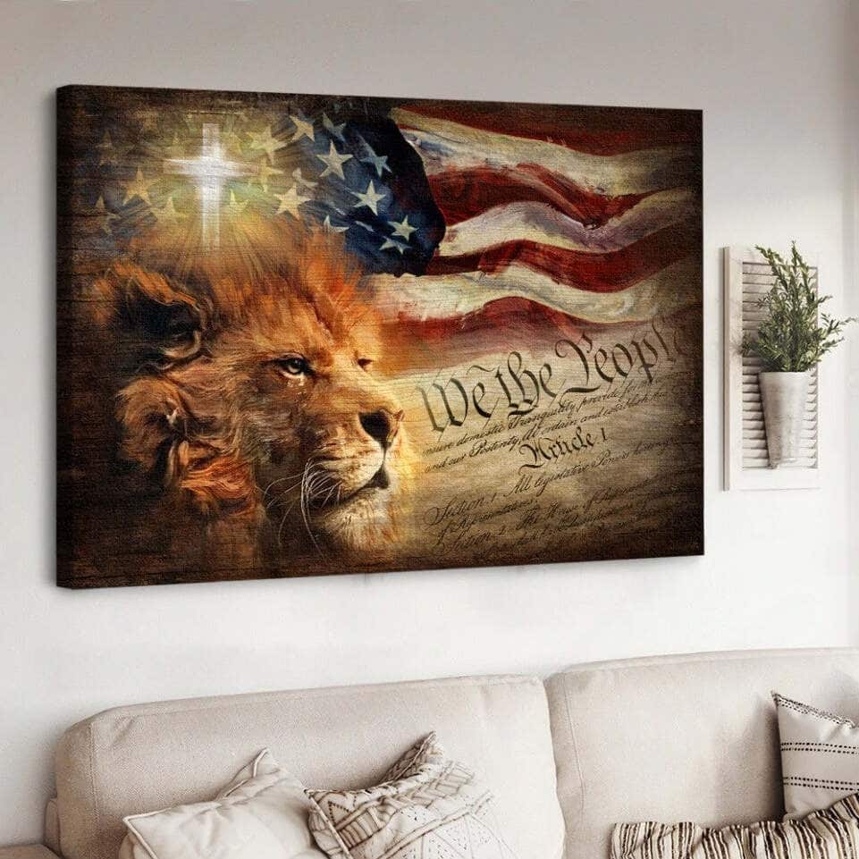 Christian Lion American Flag Cross Canvas Wall Art Christian Lion American Flag Cross Canvas Wall Art