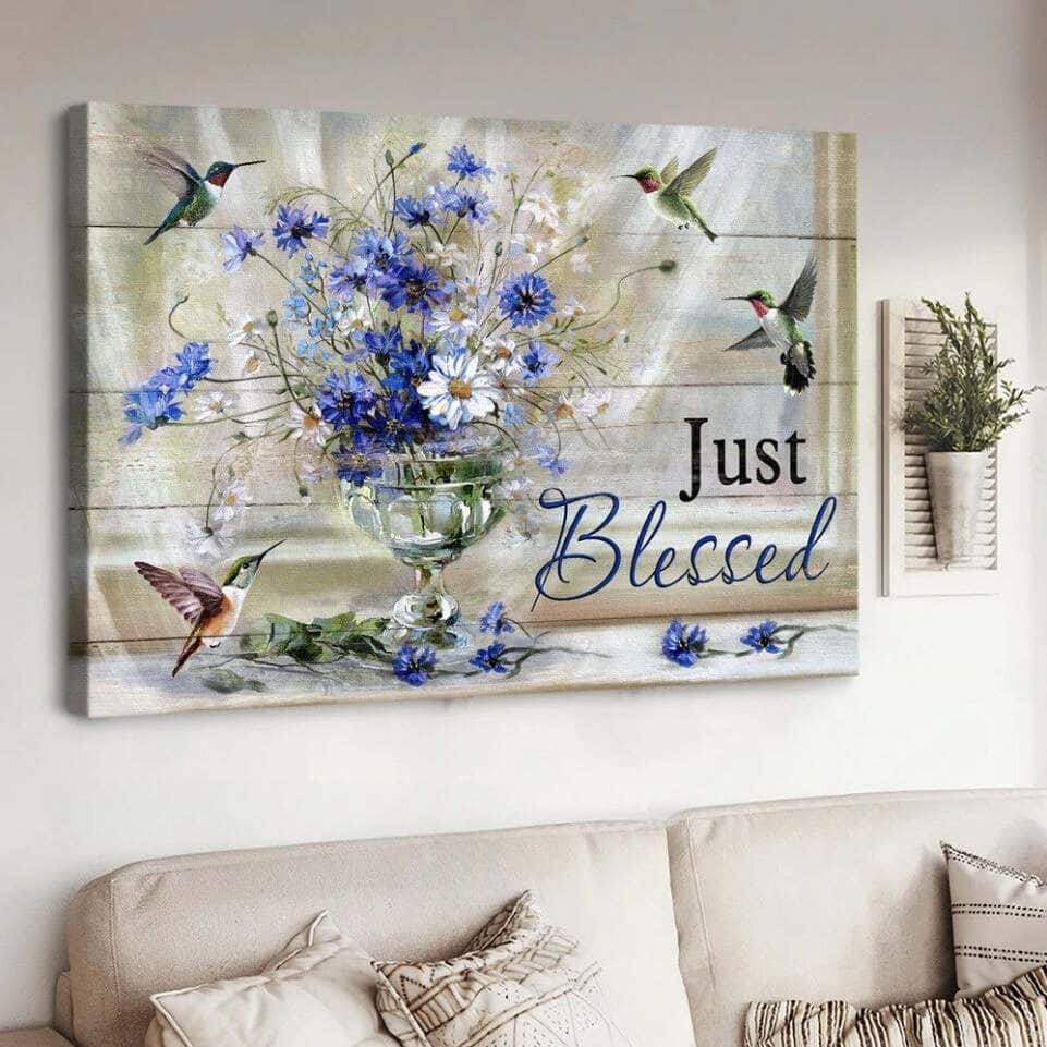 Blue Daisy Hummingbirds Just Blessed Canvas Wall Art Blue Daisy Hummingbirds Just Blessed Canvas Wall Art