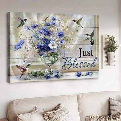 Blue Daisy Hummingbirds Just Blessed Canvas Wall Art