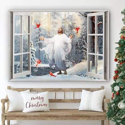 Cardinal Walking With Jesus Into The Winter Forest Canvas Wall Art