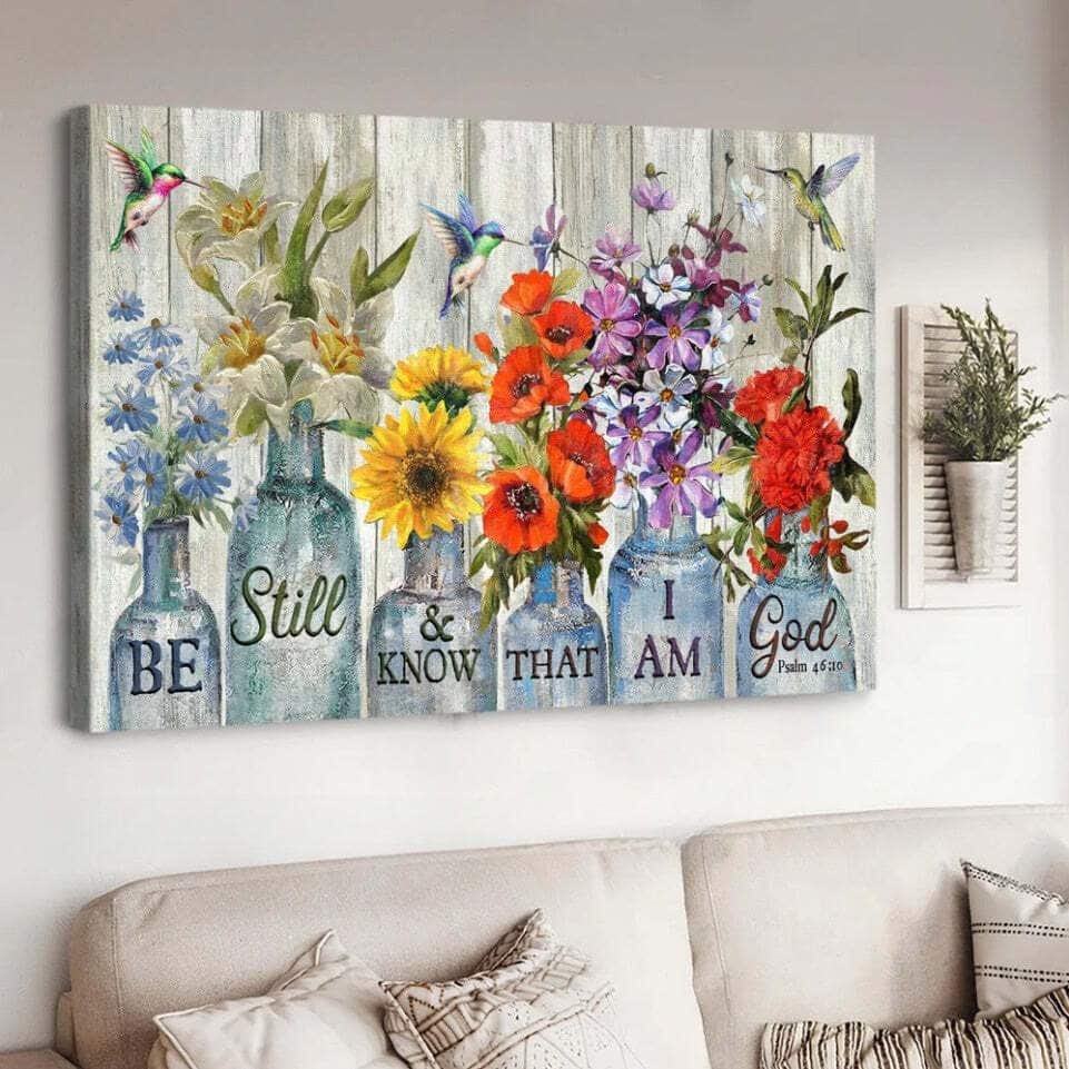 Christian Psalm 46:10 Be Still And Know That I Am God Canvas Wall Art Flower Hummingbird