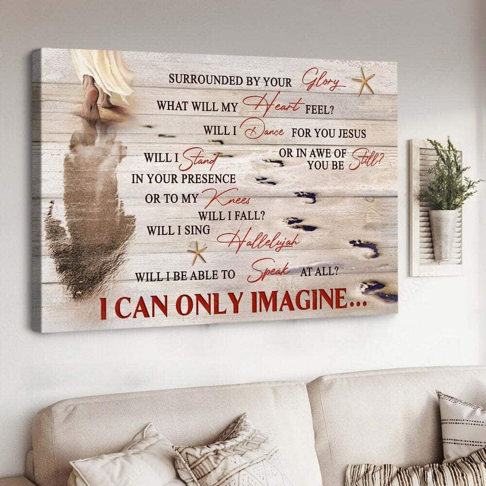 Christian I Can Only Imagine Canvas Wall Art Jesus Footprints On The Beach