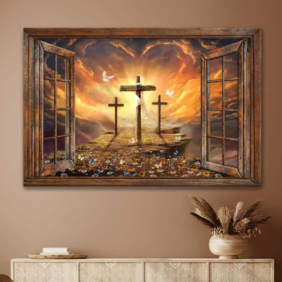 Christian Window Frame Sunset Path To Heaven Cross Jesus Canvas Wall Art