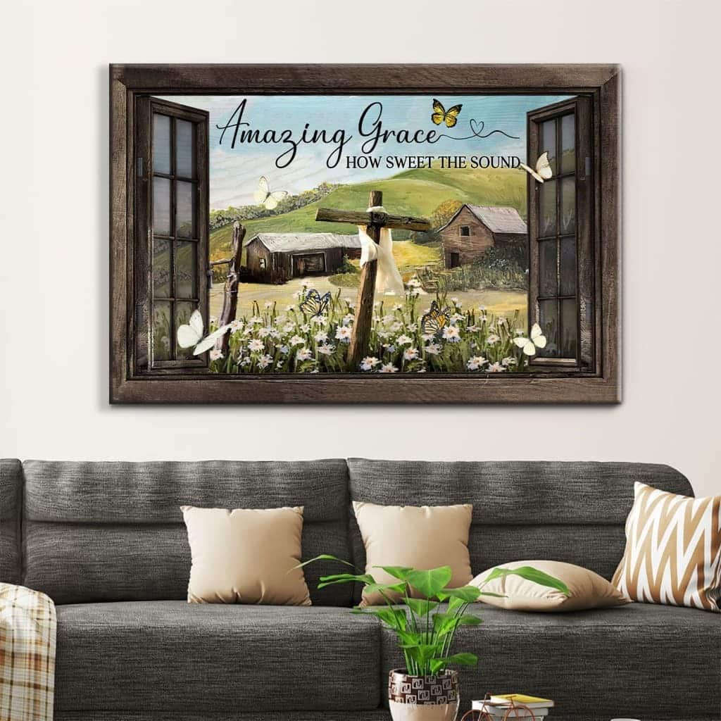 Christian Canvas Wall Art Rustic Farmhouse Amazing Grace How Sweet The Sound