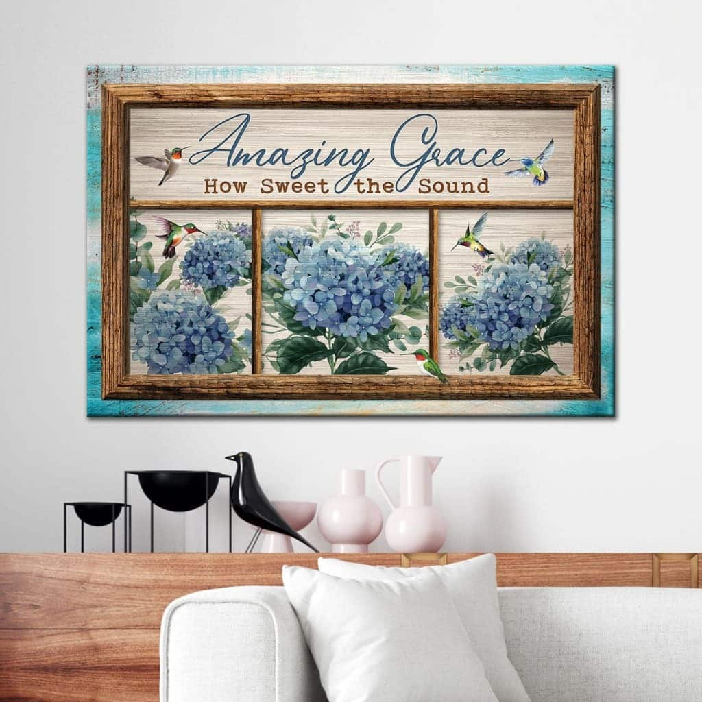 Christian Canvas Wall Art Hummingbird Hydrangea Amazing Grace How Sweet The Sound