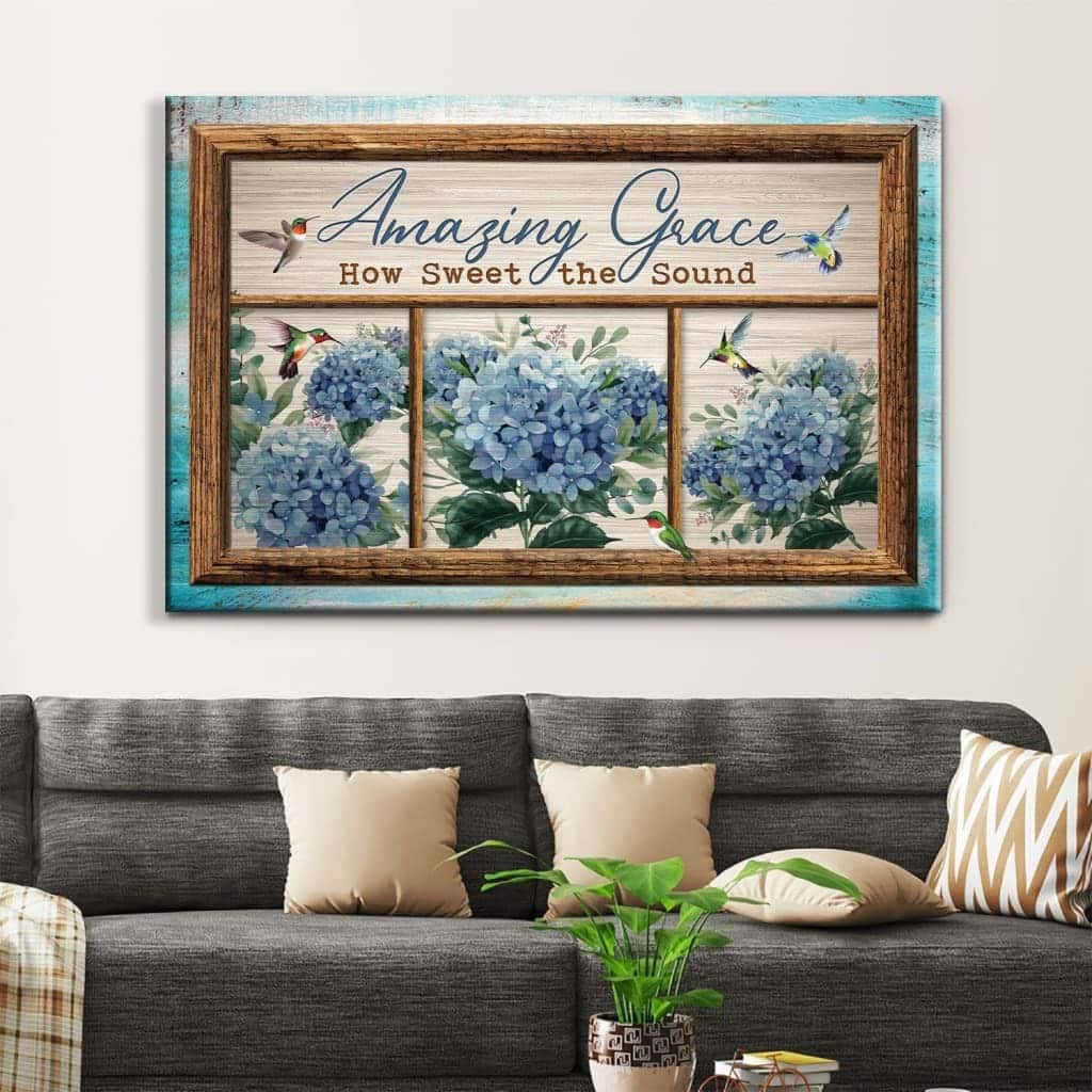 Christian Canvas Wall Art Hummingbird Hydrangea Amazing Grace How Sweet The Sound