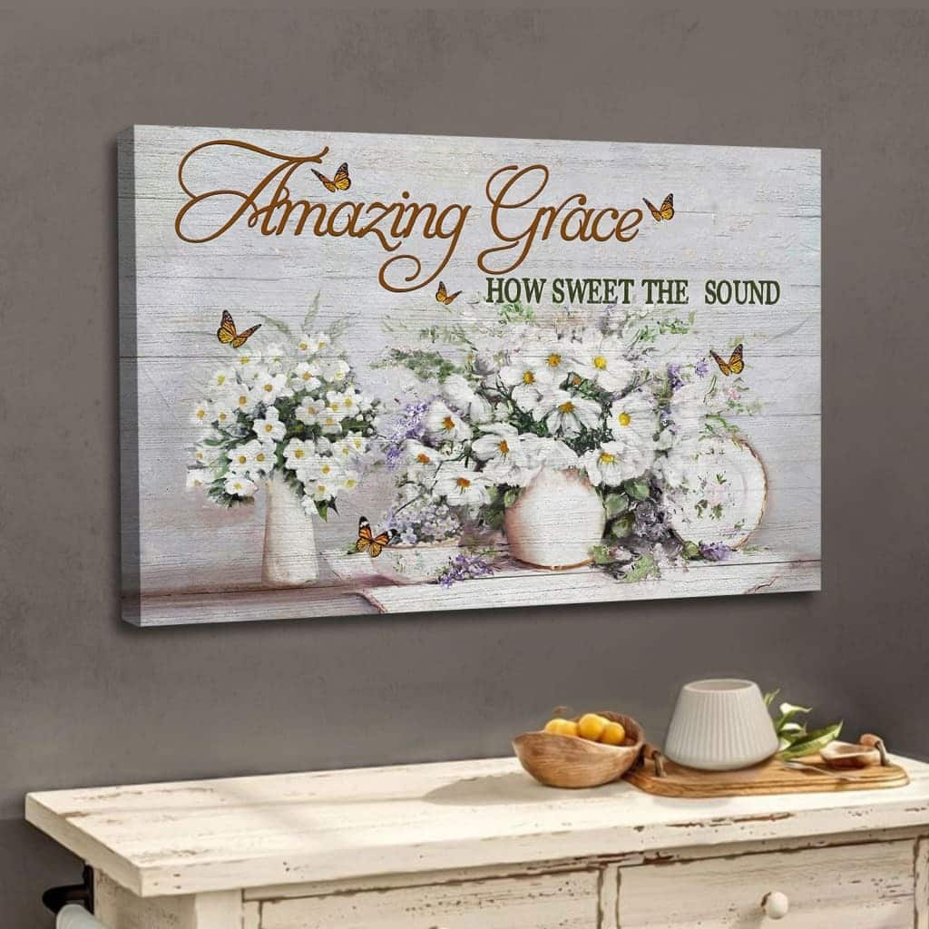 Christian Canvas Wall Art Amazing Grace How Sweet The Sound Butterfly Flowers