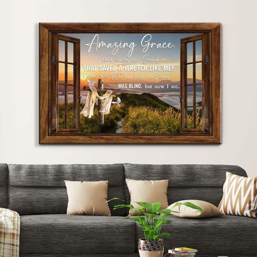 Christian Canvas Wall Art Amazing Grace How Sweet The Sound Cross Mountain