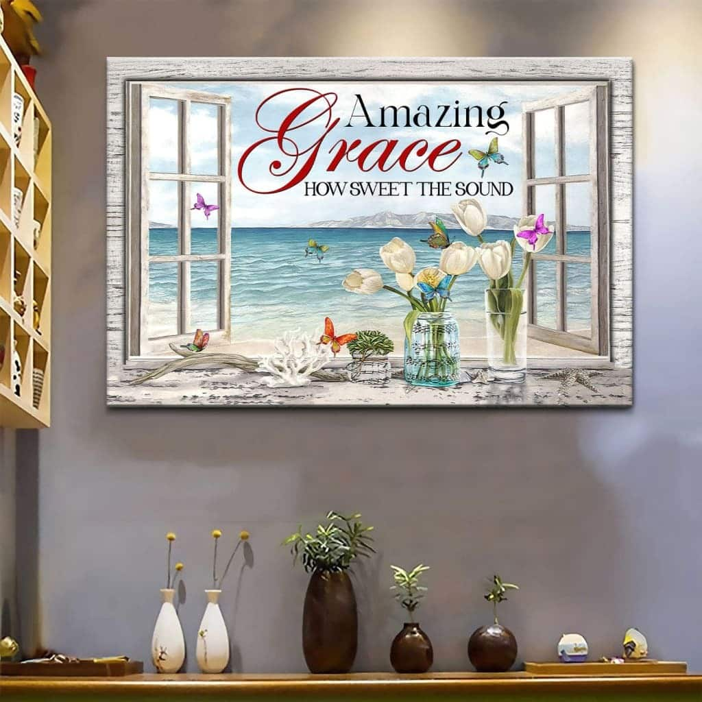 Christian Canvas Wall Art Beach Amazing Grace How Sweet The Sound