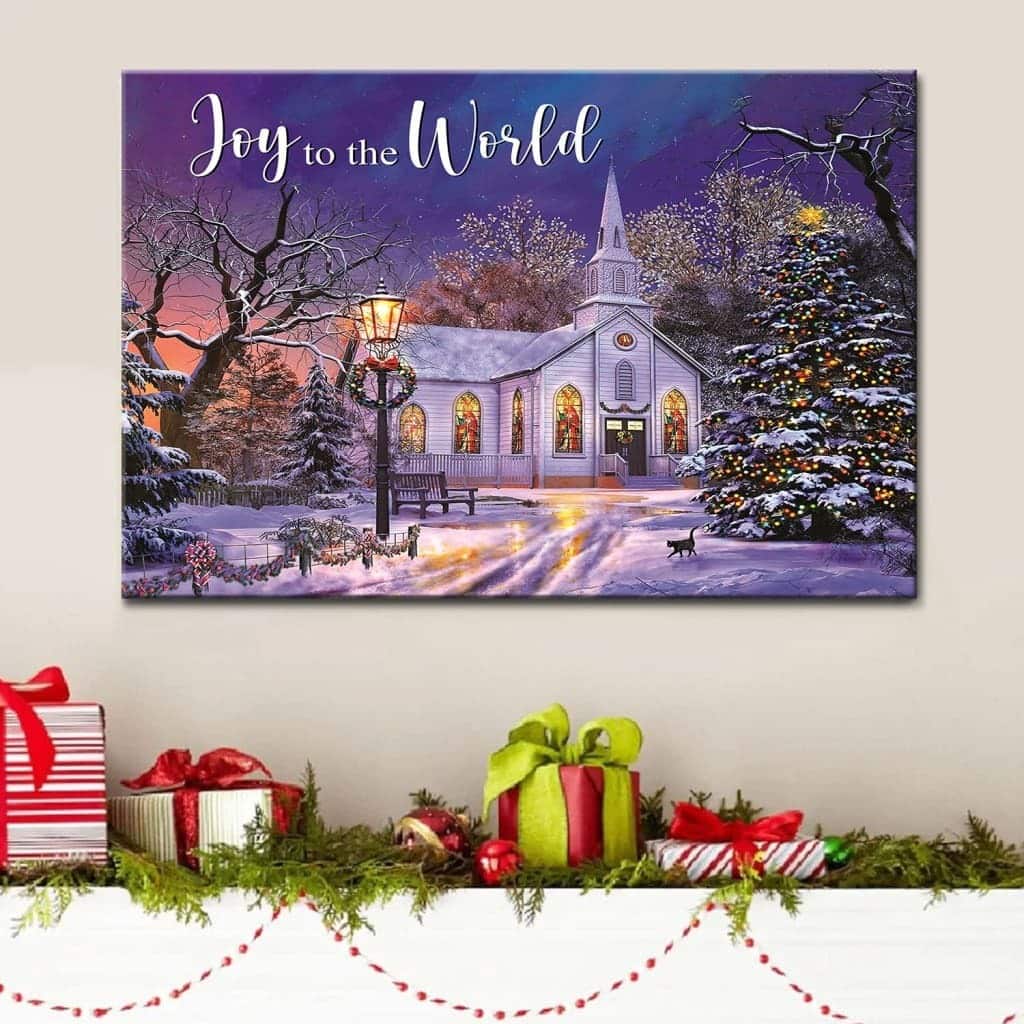 Christian Canvas Wall Art Joy To The World Country Church In Snow Christian Canvas Wall Art Joy To The World Country Church In Snow