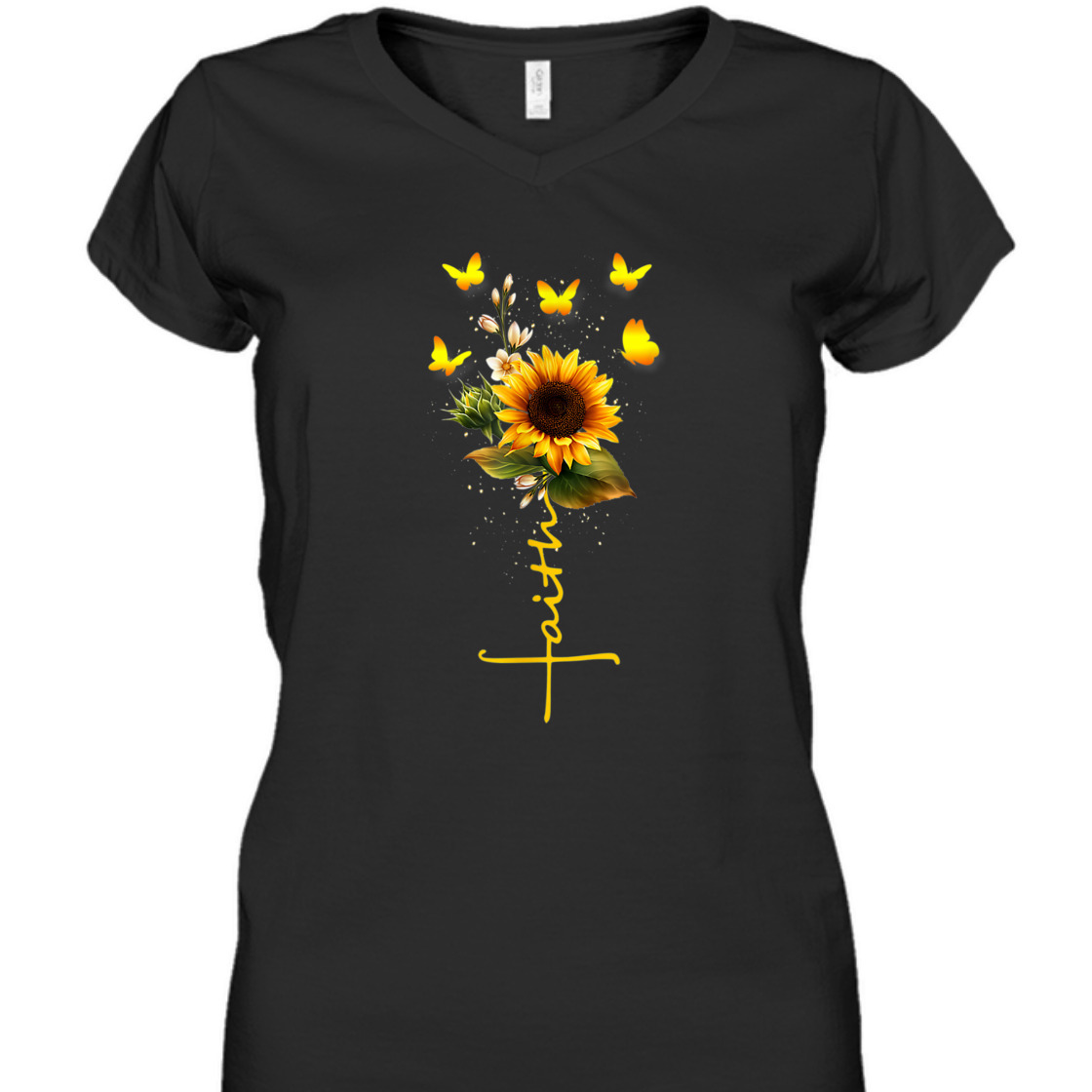 Vintage Faith Cross With Sunflower And Butterflies T-Shirt