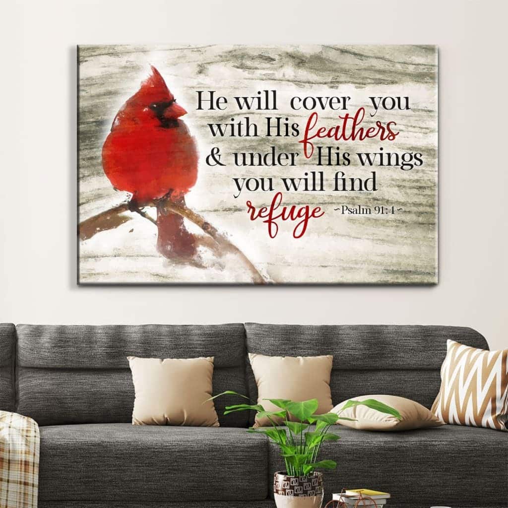 Christian Canvas Wall Art Psalm 91:4 He Will Cover You With His Feathers Cardinal Christian Canvas Wall Art Psalm 91:4 He Will Cover You With His Feathers Cardinal