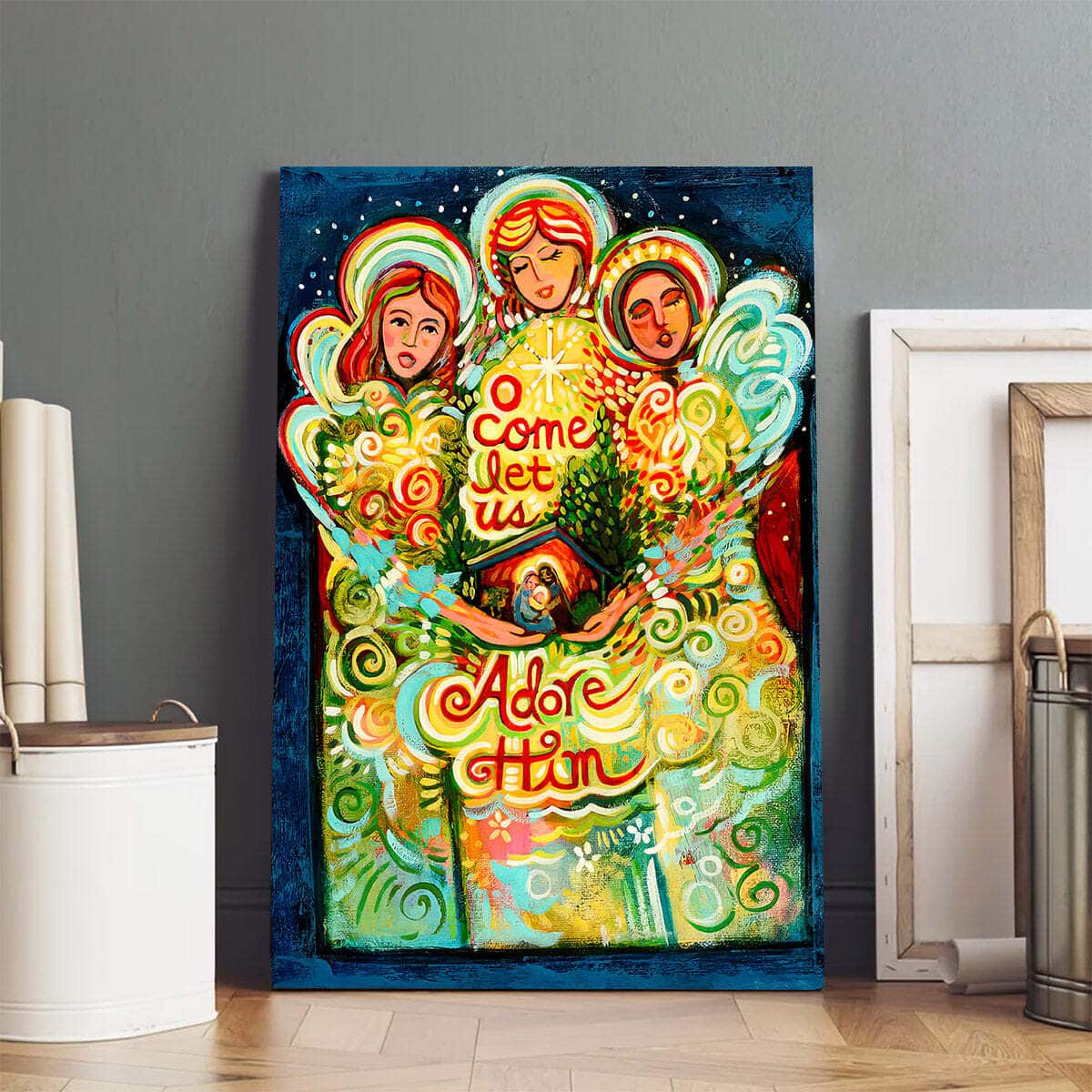 Christian Canvas Print O Come Let Us Adore Him With Angels Christian Canvas Print O Come Let Us Adore Him With Angels