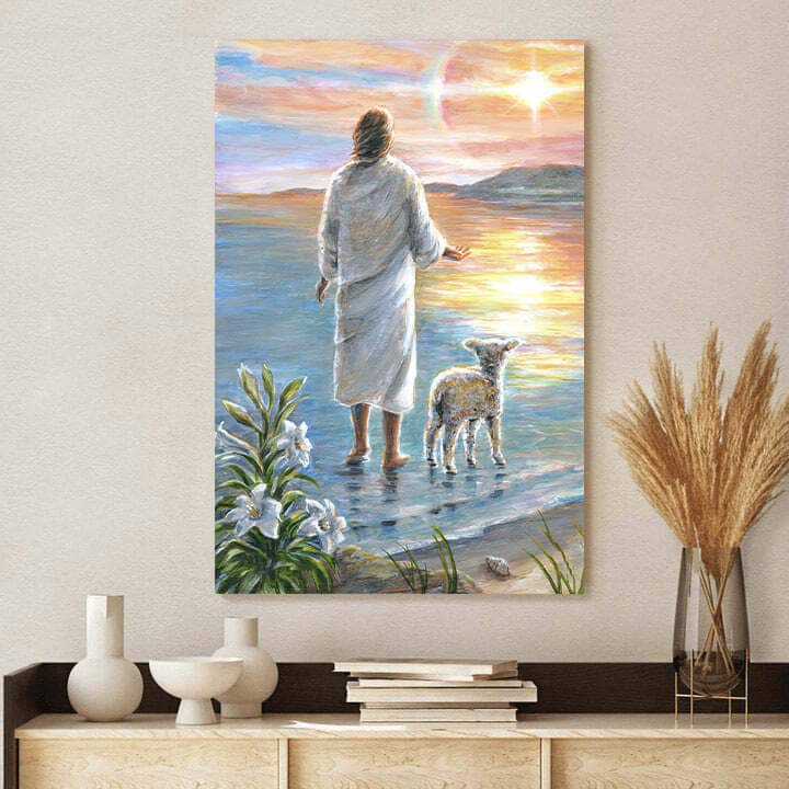 Christian Canvas Print Christ Leading A Lamb Along The Beach Jesus Christian Canvas Print Christ Leading A Lamb Along The Beach Jesus