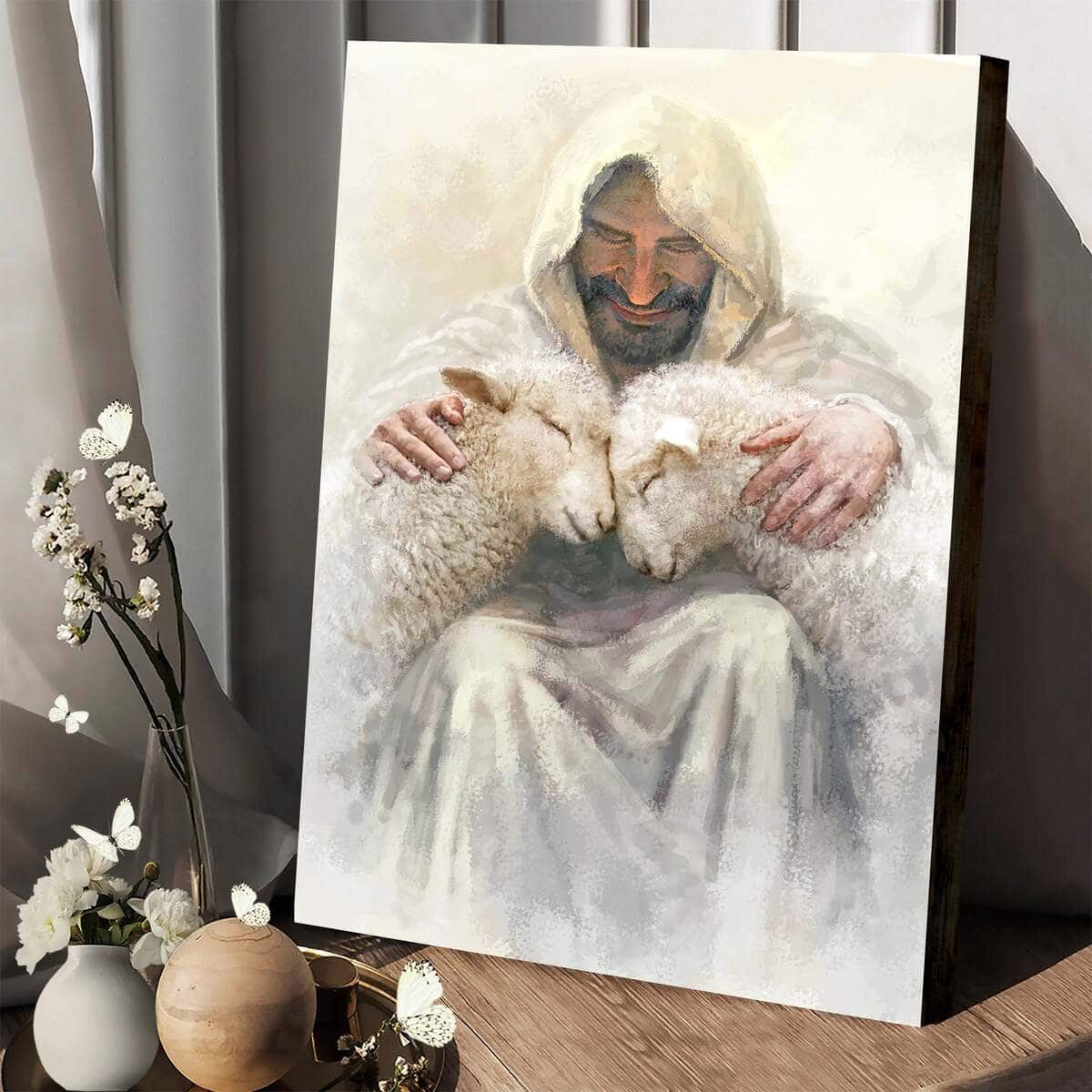 Christian Canvas Print Jesus Holding Two Sheep Christian Canvas Print Jesus Holding Two Sheep
