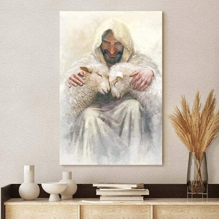 Christian Canvas Print Jesus Holding Two Sheep Christian Canvas Print Jesus Holding Two Sheep