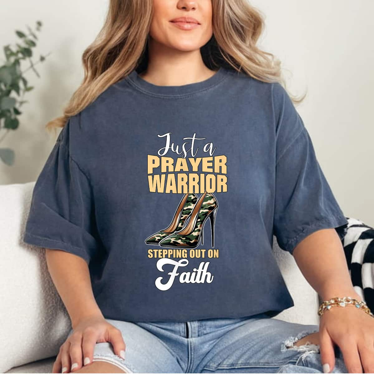 Just A Prayer Warrior Faith Camo Heels Christian Woman T-Shirt