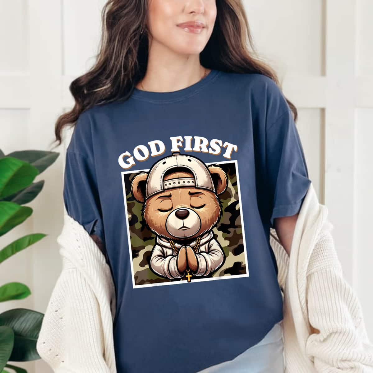 God First Hip Hop Camo Teddy Bear Christian Streetwear Pray T-Shirt
