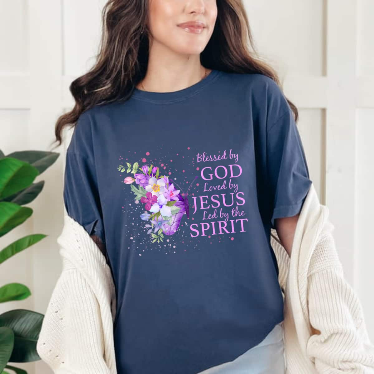 Blessed By God Loved By Jesus Christian Religious Butterfly T-Shirt