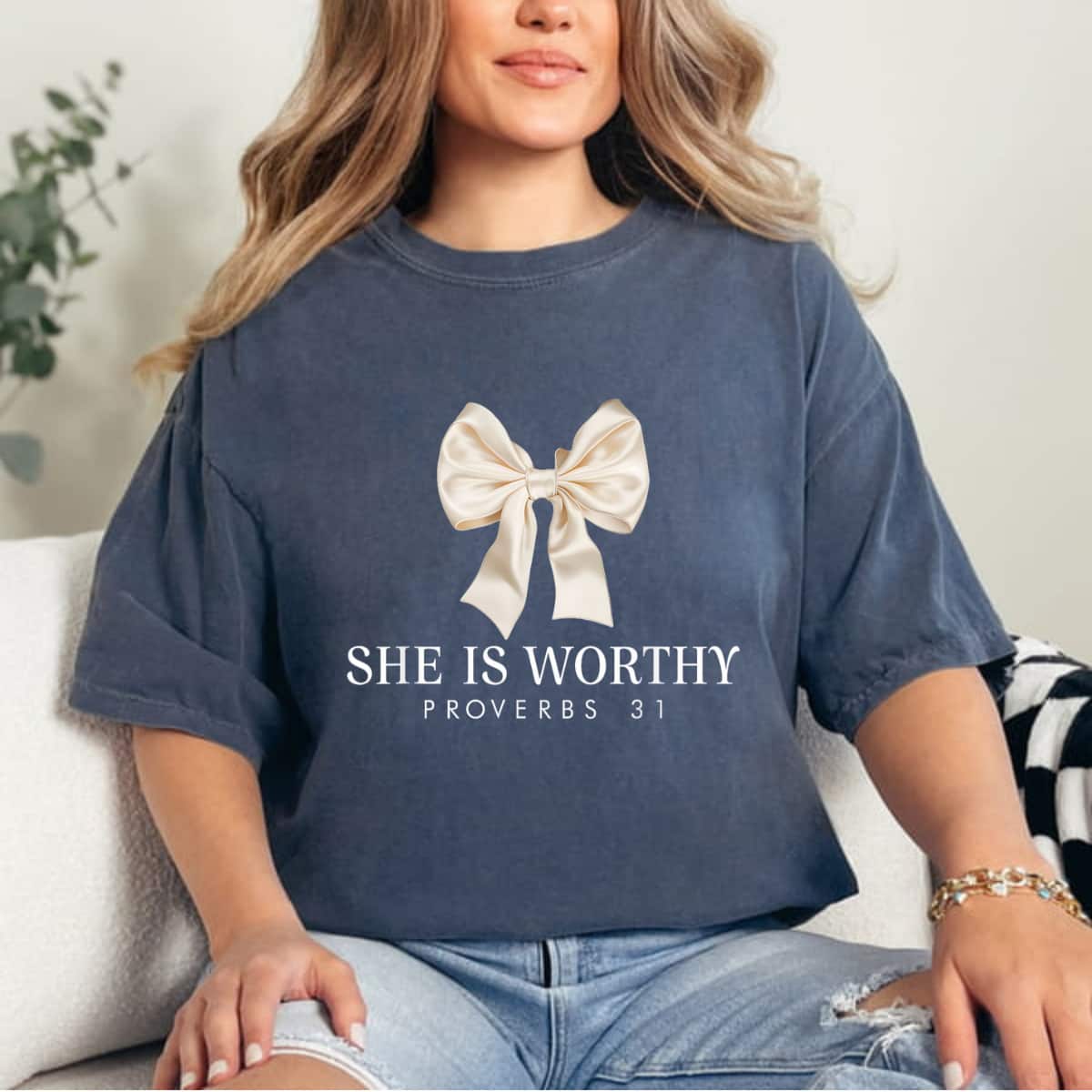 She Is Worthy Cute Christian Coquette She Is Worthy Bow T-Shirt