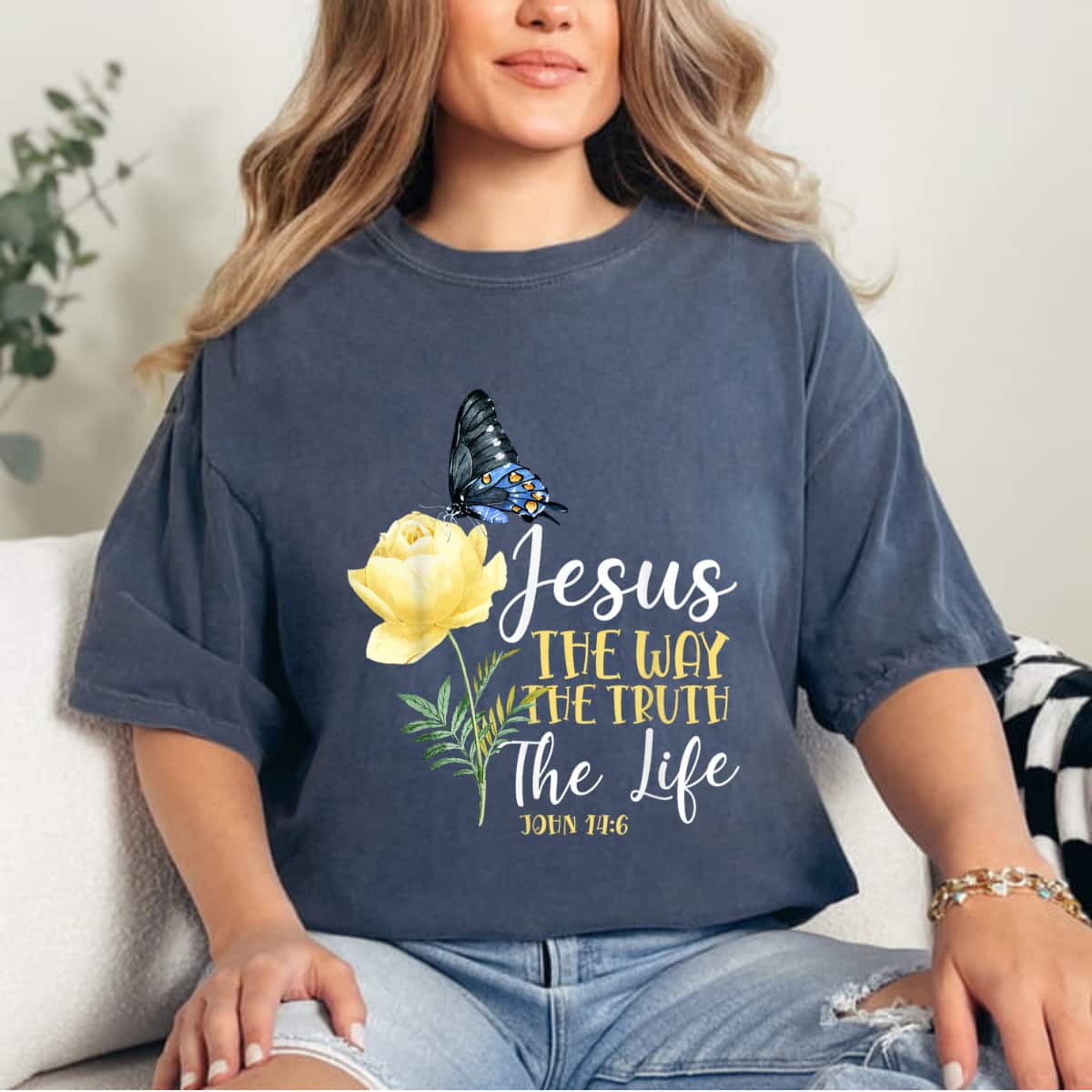 Christian Bible Verse Quote Butterfly Rose Flower John 146 T-Shirt