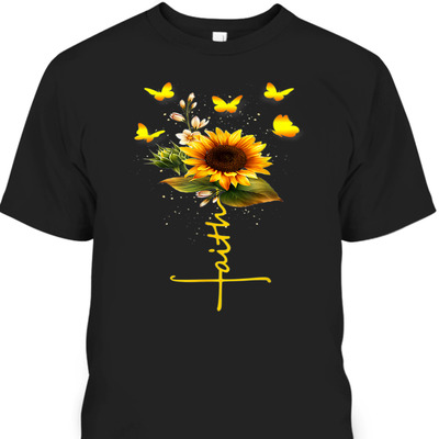 Vintage Faith T-Shirt Christian Cross And Sunflower Butterflies Flowers