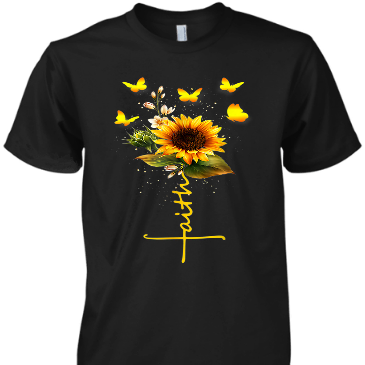 Vintage Faith T-Shirt Christian Cross And Sunflower Butterflies Flowers